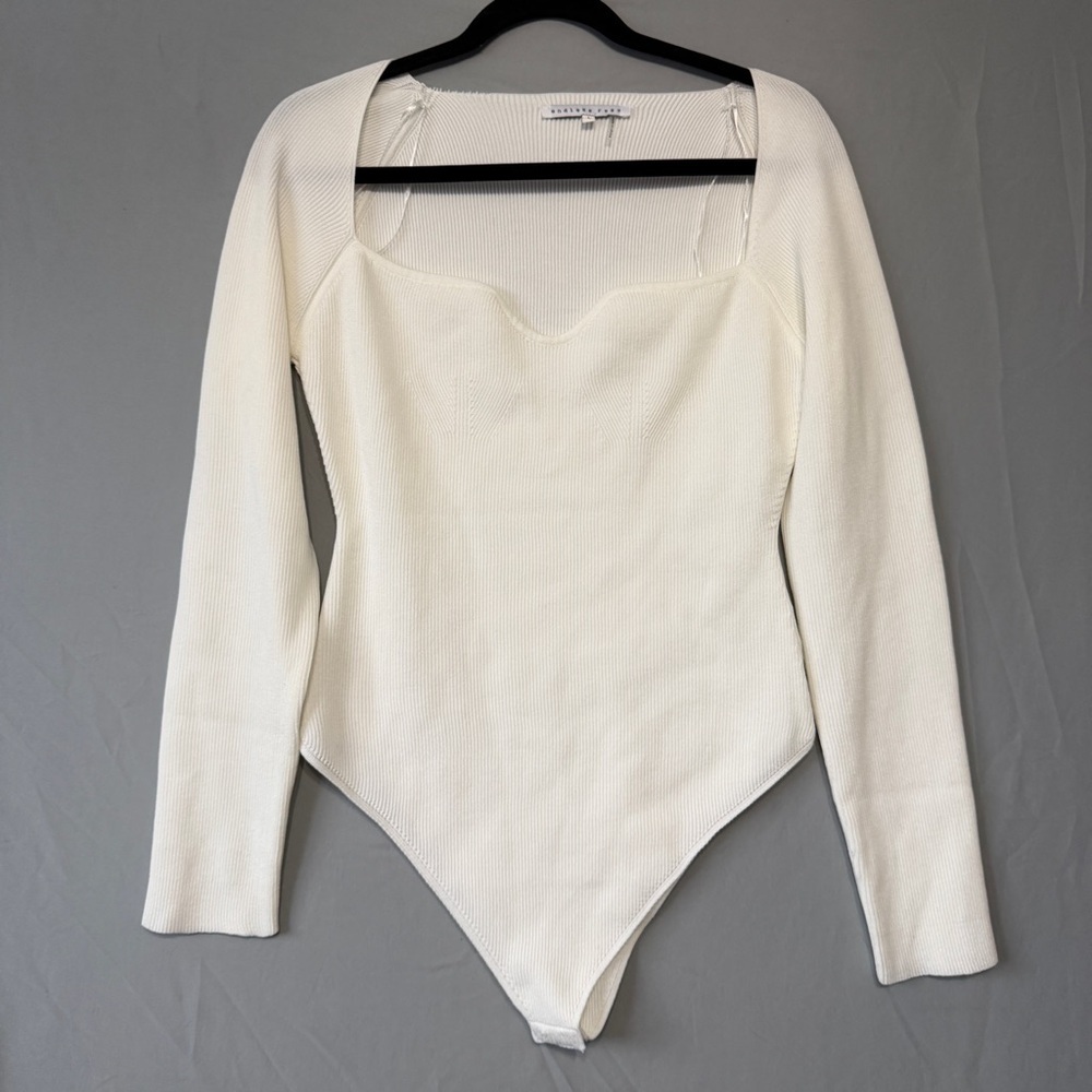 Endless Rose Womens Ribbed Bodysuit Size Large White Sweetheart Neck Soft Girl